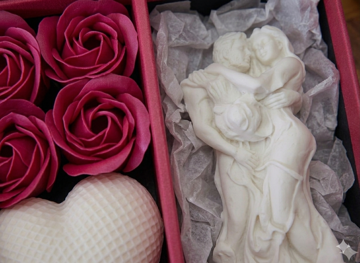 Set cadou premium Love Story cutie rosie cu fereastra inima lumanari sculpturale [7]