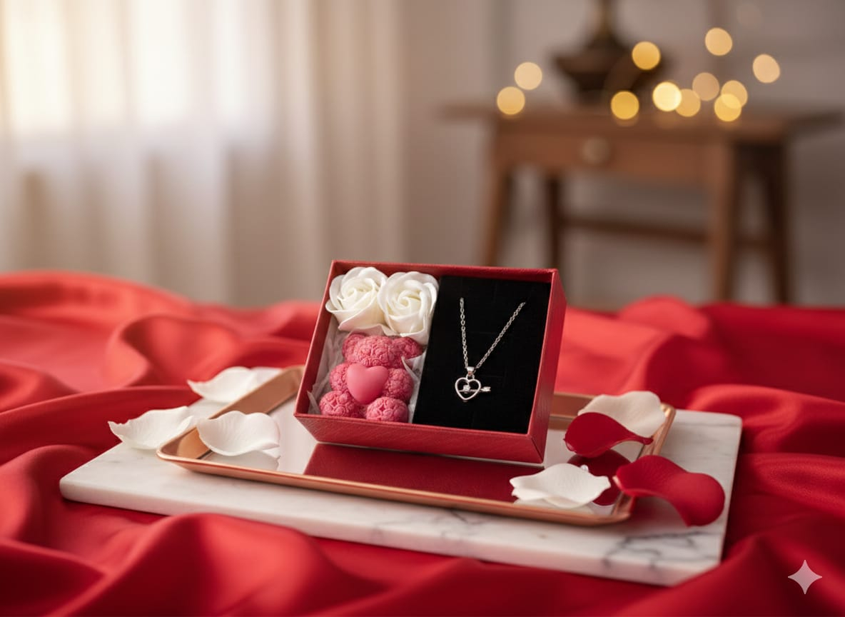 Set cadou romantic Cupids Flame lantisor inima cu sageata lumanare ursulet rosu deschis [4]