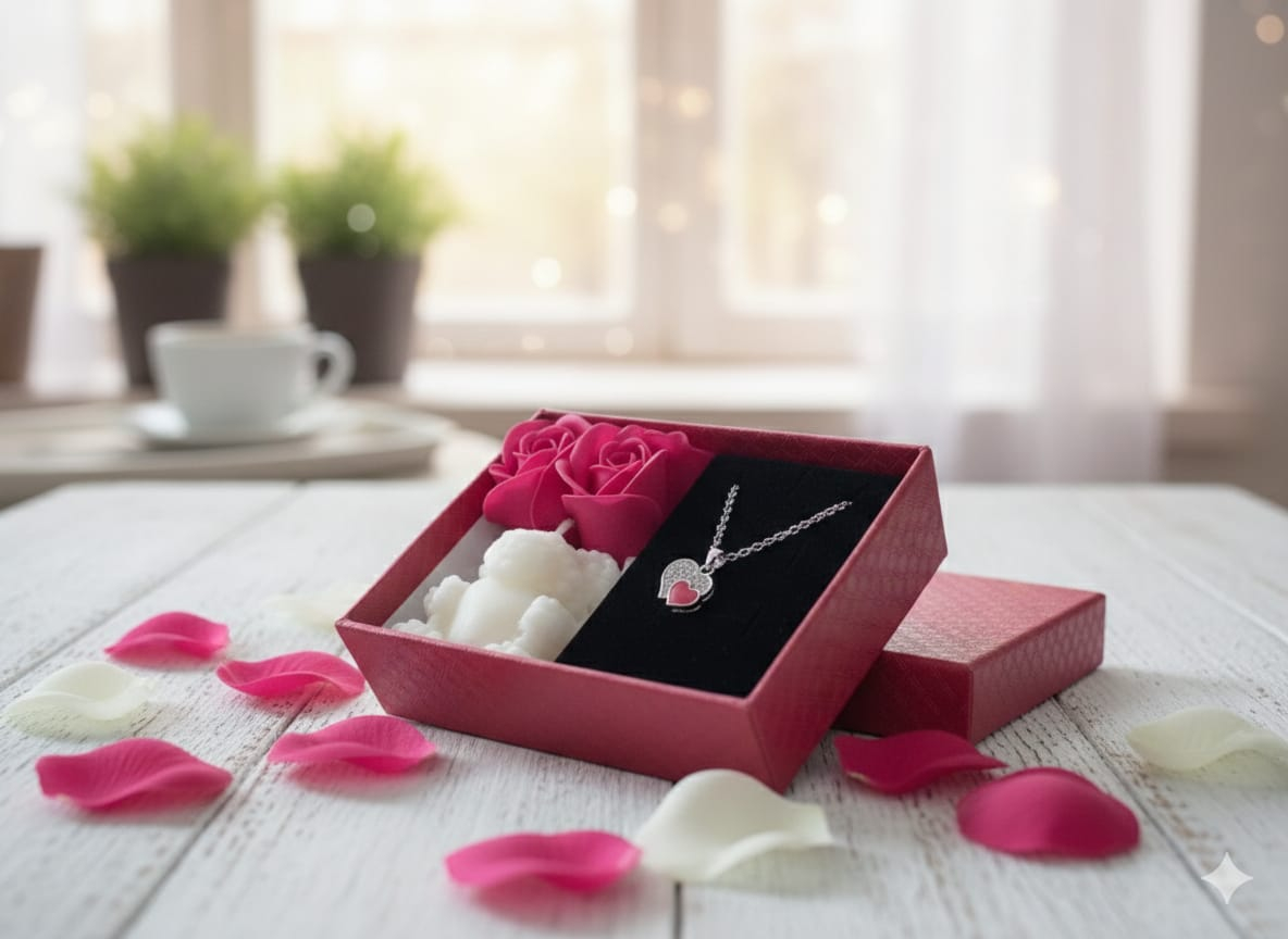 Set cadou romantic Double Passion lantisor inima duo lumanare ursulet alb [4]