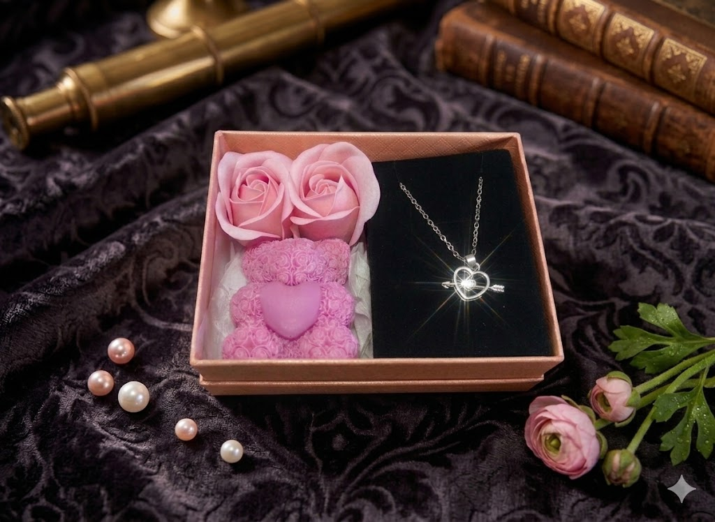 Set cadou romantic Eternal Love lantisor inima cu sageata lumanare ursulet roz [4]