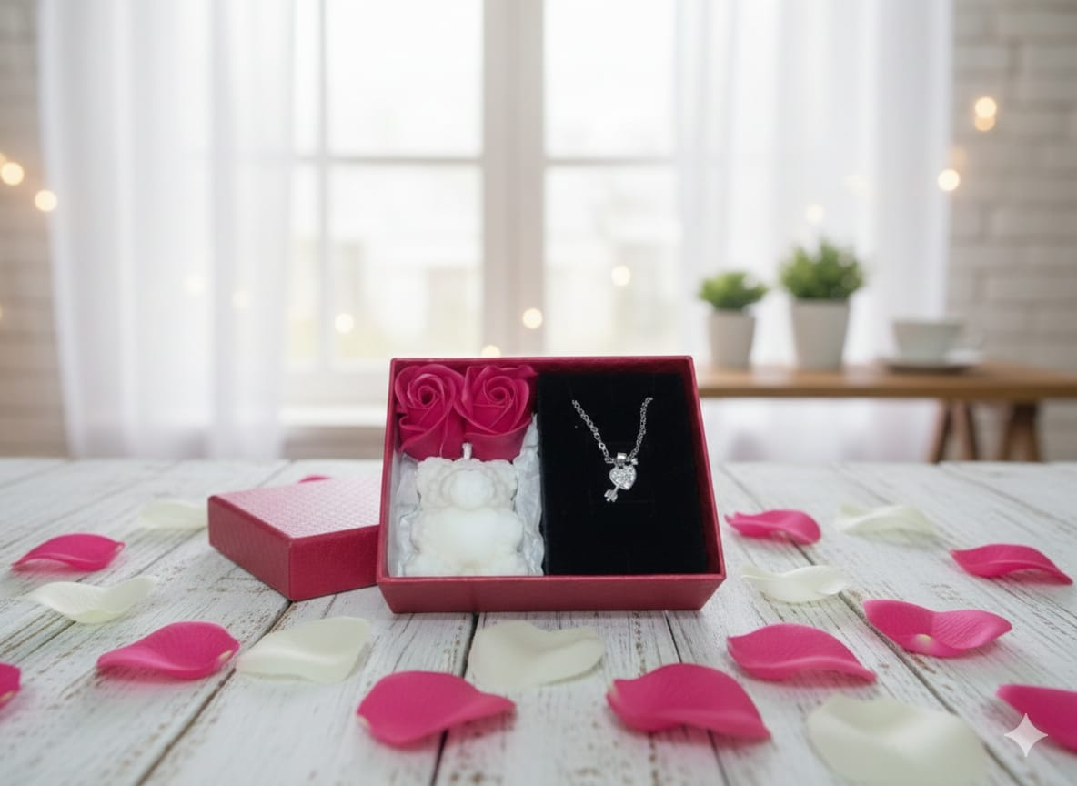 Set cadou romantic Key to my Heart lantisor cheita inima cristale lumanare ursulet alb [4]