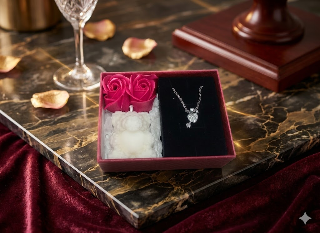 Set cadou romantic Key to my Heart lantisor cheita inima cristale lumanare ursulet alb [2]