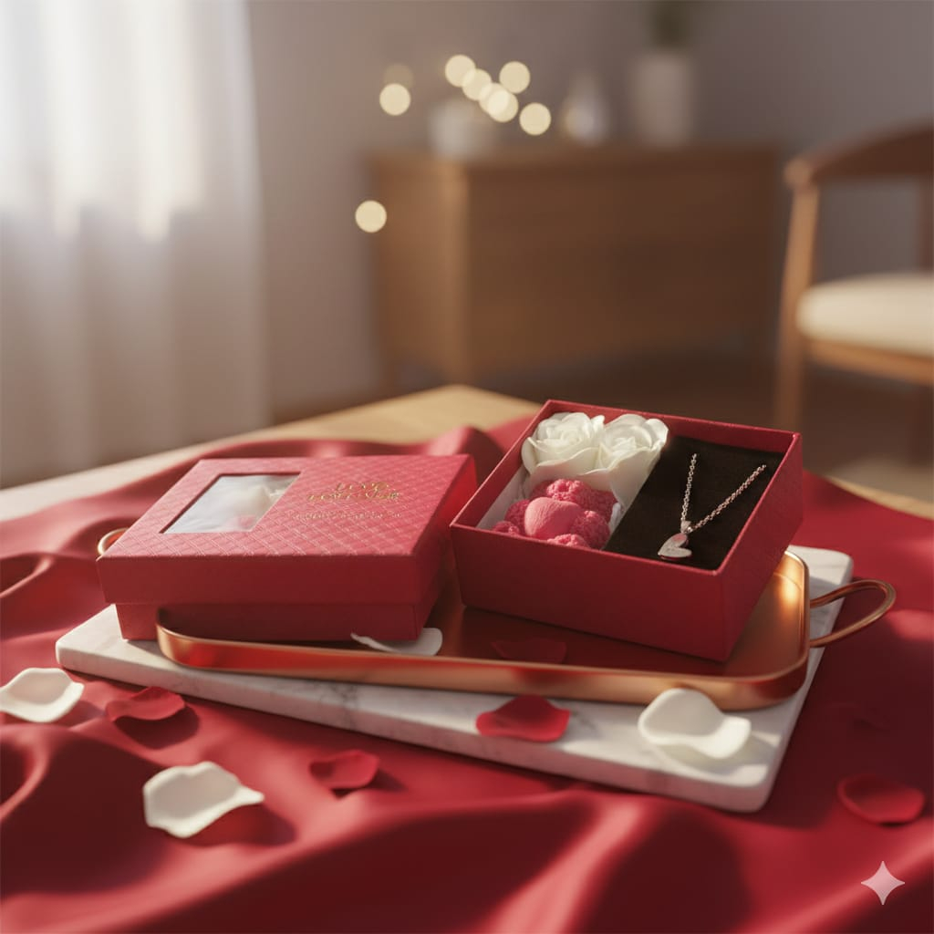 Set cadou romantic Red Passion Duo cutie cu fereastra lantisor inima cu sageata lumanare ursulet rosu deschis [5]