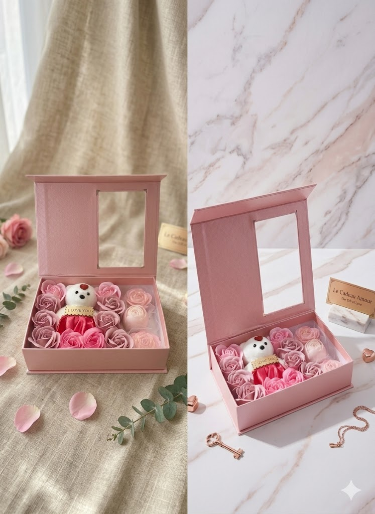 Set cadou Rose Symphony cu trandafiri de sapun ursulet si lumanari artizanale trandafir [9]