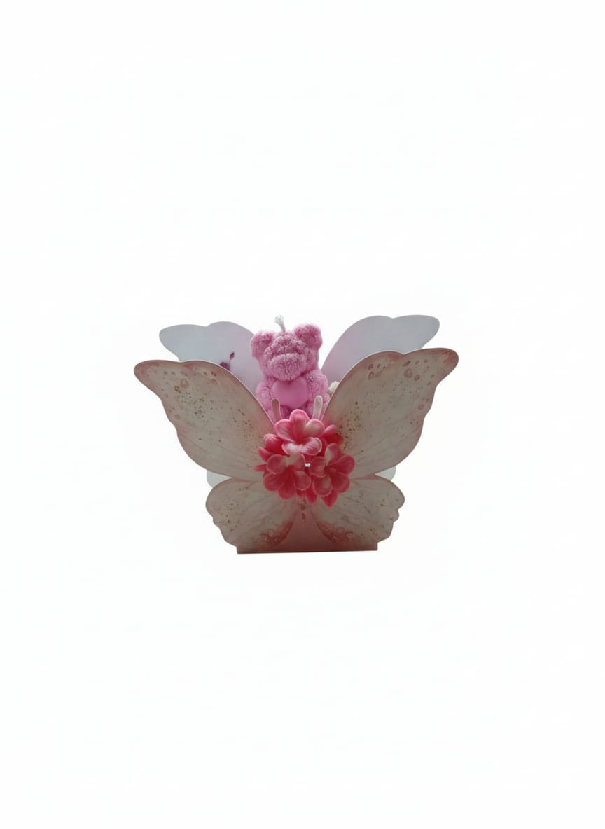 Aranjament handmade fluture cu ursuleț și flori din ceară de soia roz și mov [6]