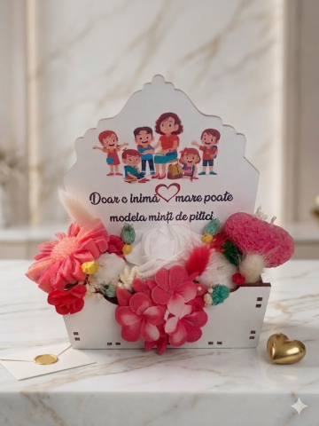 ARANJAMENTE - Aranjament floral în cutie albă din MDF personalizată cadou educatoare învățătoare flori din ceară de soia