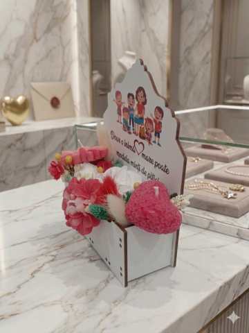 Aranjament floral în cutie albă din MDF personalizată cadou educatoare învățătoare flori din ceară de soia [2]