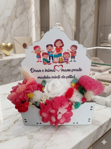 Aranjament floral în cutie albă din MDF personalizată cadou educatoare învățătoare flori din ceară de soia [1]