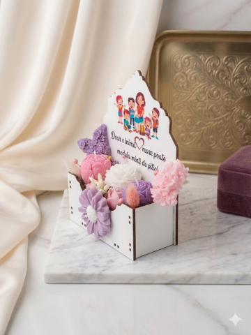 Aranjament floral în cutie albă din MDF personalizată cadou educatoare învățătoare flori din ceară de soia roz mov [2]