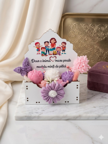 Aranjament floral în cutie albă din MDF personalizată cadou educatoare învățătoare flori din ceară de soia roz mov [0]