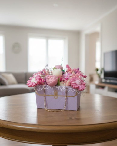 ARANJAMENTE - Aranjament floral premium în poșetă violet cu flori din ceară de soia și plante stabilizate