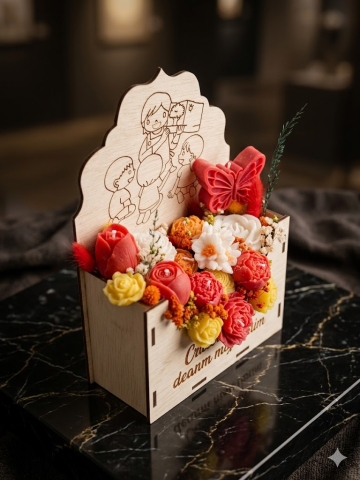 Aranjament floral premium în cutie plic din lemn cadou pentru doamna educatoare flori din ceară de soia [2]
