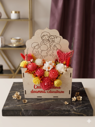 Aranjament floral premium în cutie plic din lemn cadou pentru doamna educatoare flori din ceară de soia