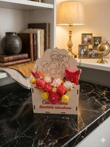 Aranjament floral premium în cutie plic din lemn cadou pentru doamna educatoare flori din ceară de soia [1]