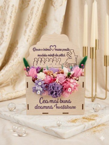 Aranjament floral premium în cutie plic din lemn cu gravură mov cadou pentru doamna învățătoare flori din ceară de soia