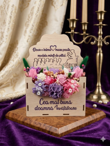 Aranjament floral premium în cutie plic din lemn cu gravură mov cadou pentru doamna învățătoare flori din ceară de soia [2]