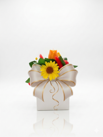 Aranjament floral gentuta cu funda alb-auriu si lumanare floarea-soarelui [2]