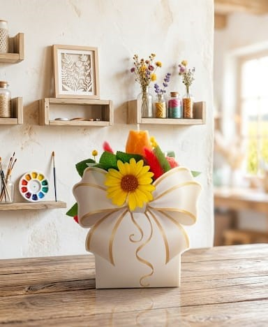 Aranjament floral gentuta cu funda alb-auriu si lumanare floarea-soarelui [0]
