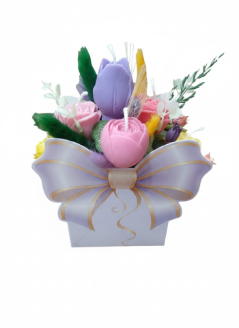 Aranjament floral gentuta mov cu funda si lumanari lalele si trandafiri [2]