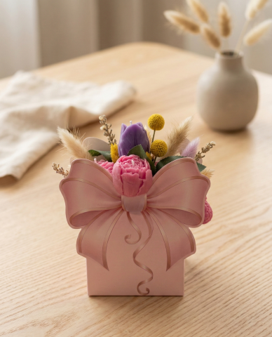 ARANJAMENTE - Aranjament floral gentuta roz cu funda si lumanari bujor lalea inima texturata