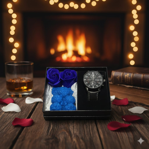 Seturi Cadou & Cutii Răsfăț - Set cadou barbatesc Midnight Blue ceas All-Black lumanare ursulet albastru regal