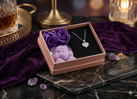 Set cadou deosebit Royal Heart lantisor inima cu cristale lumanare ursulet mov [1]