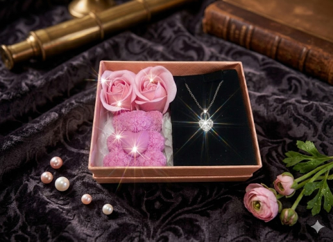 Seturi Cadou & Cutii Răsfăț - Set cadou elegant Shining Heart lantisor inima incrustata cristale lumanare ursulet roz