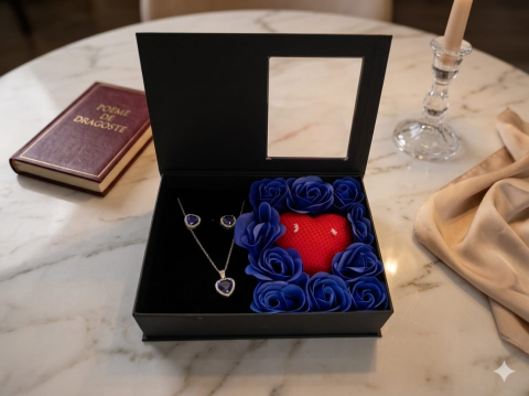 Set cadou Love Forever albastru cu lumanare inima parfumata si bijuterii cu cristale albastre 3 piese [1]