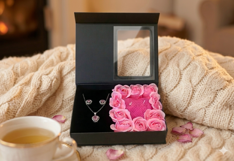 Seturi Cadou & Cutii Răsfăț - Set cadou Love Forever roz cu lumanare inima parfumata si bijuterii inima cu cristale roz 3 piese