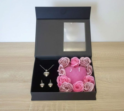 Set cadou Love Forever roz cu lumanare inima parfumata si bijuterii inima plina argintie 3 piese [3]
