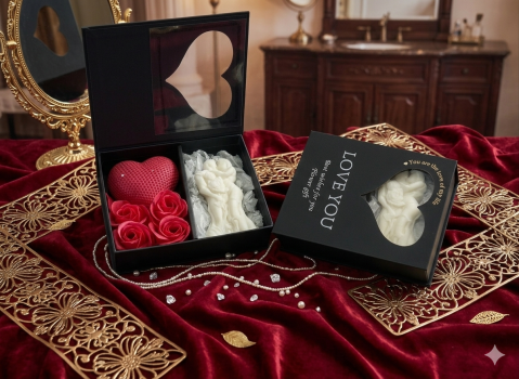 Seturi Cadou & Cutii Răsfăț - Set cadou romantic Love Story lumanare cuplu si inima rosie cutie neagra de lux