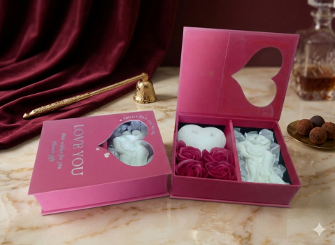 Seturi Cadou & Cutii Răsfăț - Set cadou premium Love Story cutie rosie cu fereastra inima lumanari sculpturale