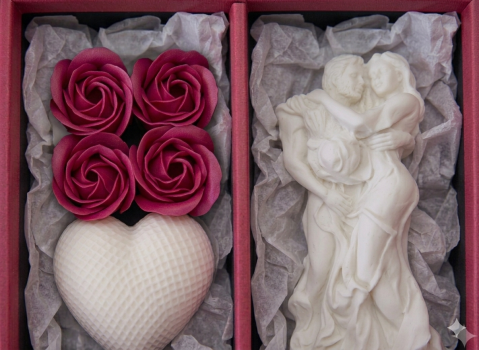 Set cadou premium Love Story cutie rosie cu fereastra inima lumanari sculpturale [7]