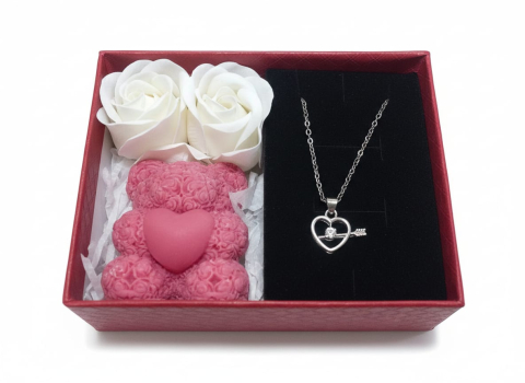 Set cadou romantic Cupids Flame lantisor inima cu sageata lumanare ursulet rosu deschis [4]