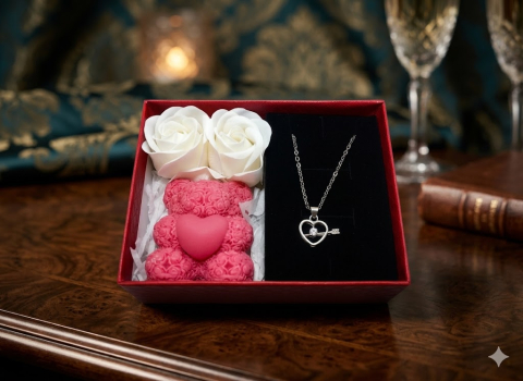 Seturi Cadou & Cutii Răsfăț - Set cadou romantic Cupids Flame lantisor inima cu sageata lumanare ursulet rosu deschis