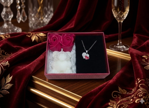 Set cadou romantic Double Passion lantisor inima duo lumanare ursulet alb [1]