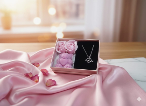 Set cadou romantic Eternal Love lantisor inima cu sageata lumanare ursulet roz [2]