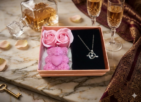 Seturi Cadou & Cutii Răsfăț - Set cadou romantic Eternal Love lantisor inima cu sageata lumanare ursulet roz