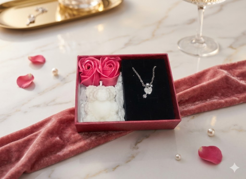 Seturi Cadou & Cutii Răsfăț - Set cadou romantic Key to my Heart lantisor cheita inima cristale lumanare ursulet alb