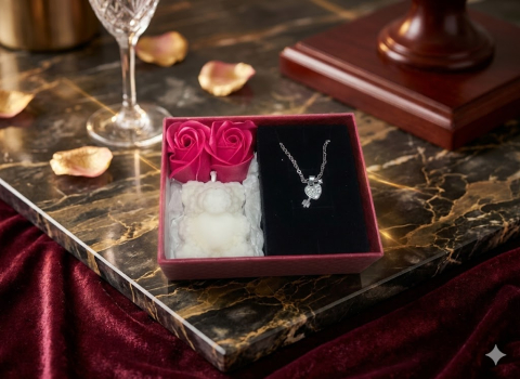 Set cadou romantic Key to my Heart lantisor cheita inima cristale lumanare ursulet alb [1]