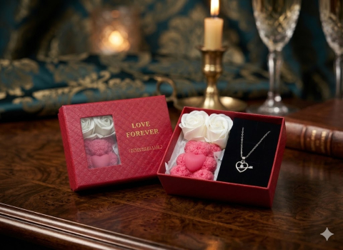 Seturi Cadou & Cutii Răsfăț - Set cadou romantic Red Passion Duo cutie cu fereastra lantisor inima cu sageata lumanare ursulet rosu deschis