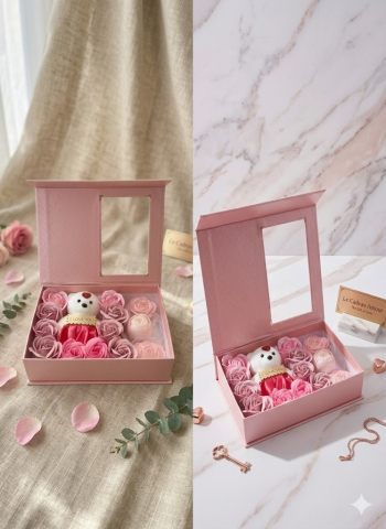 Set cadou Rose Symphony cu trandafiri de sapun ursulet si lumanari artizanale trandafir [8]