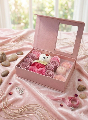 Set cadou Rose Symphony cu trandafiri de sapun ursulet si lumanari artizanale trandafir [4]