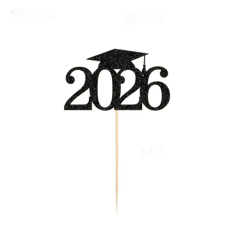 Topper Decorativ pentru Absolvire „Graduation 2026” – Negru cu Sclipici