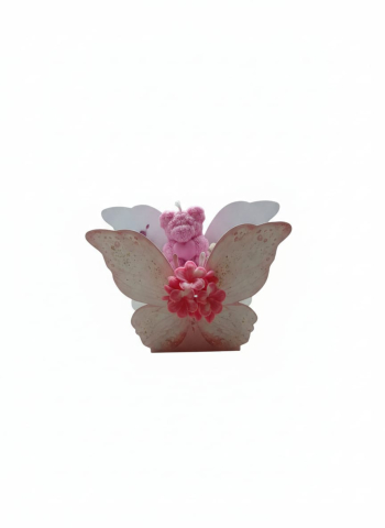 Aranjament handmade fluture cu ursuleț și flori din ceară de soia roz și mov [5]