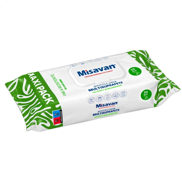 Degresant - Servetele umede multisuprafete cu otet si bicarbonat Misavan, 50 buc/set