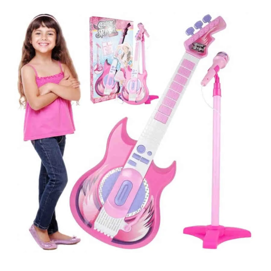 Set Chitara Copii cu Microfon si Amplificator, Control Volum, Posibilitate Conectare Smartphone, Comutator ON/OFF, Culoare Roz [2]
