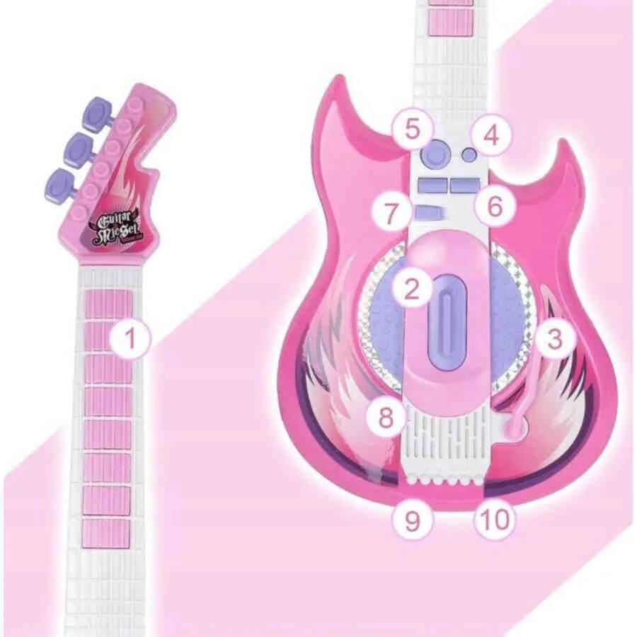 Set Chitara Copii cu Microfon si Amplificator, Control Volum, Posibilitate Conectare Smartphone, Comutator ON/OFF, Culoare Roz [2]