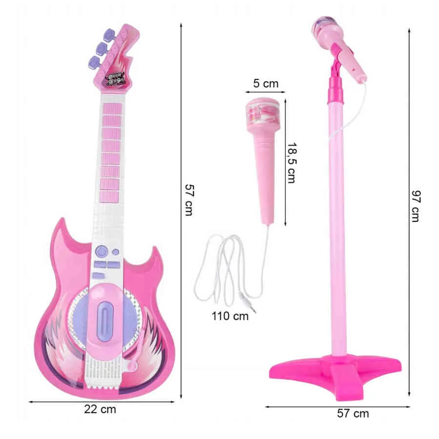 Articole si jocuri pentru copii - Set Chitara Copii cu Microfon si Amplificator, Control Volum, Posibilitate Conectare Smartphone, Comutator ON/OFF, Culoare Roz