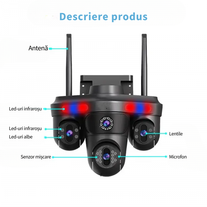 Camera de supraveghere cvadrupla WiFi DeVeghe Q10 16MP, Full HD, exterior, cu brate actionabile manual, zoom 5x, Negru [2]